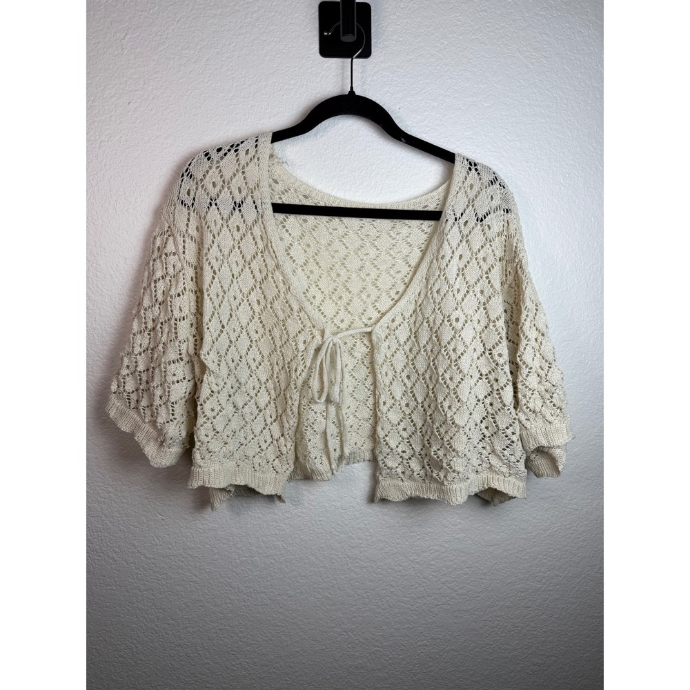 Womens Medium Ivory Crochet Tie Front Cardigan 3/4 Sleeve Boho Cottagecore Y2K